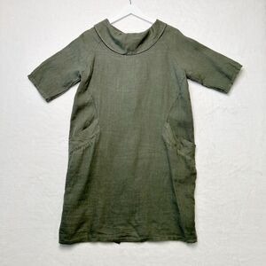 PIAZZA DEL‎ TEMPIO Linen Button Back Shift Dress Lagenlook Pockets Green Sz S
